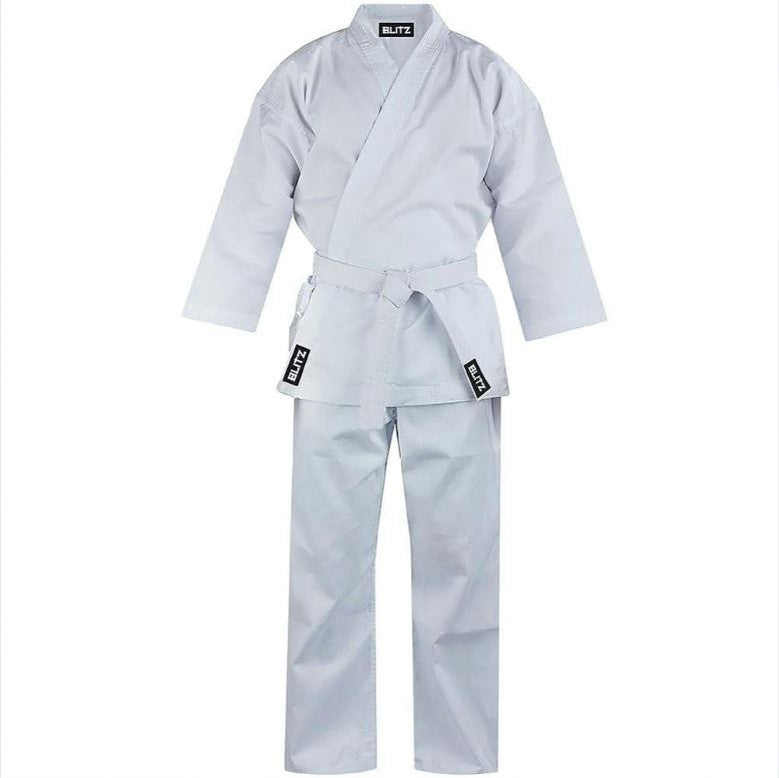 BLITZ KIDS ADULTS STUDENT GI KARATE AIKIDO WHITE UNIFORM FREE WHITE BELT