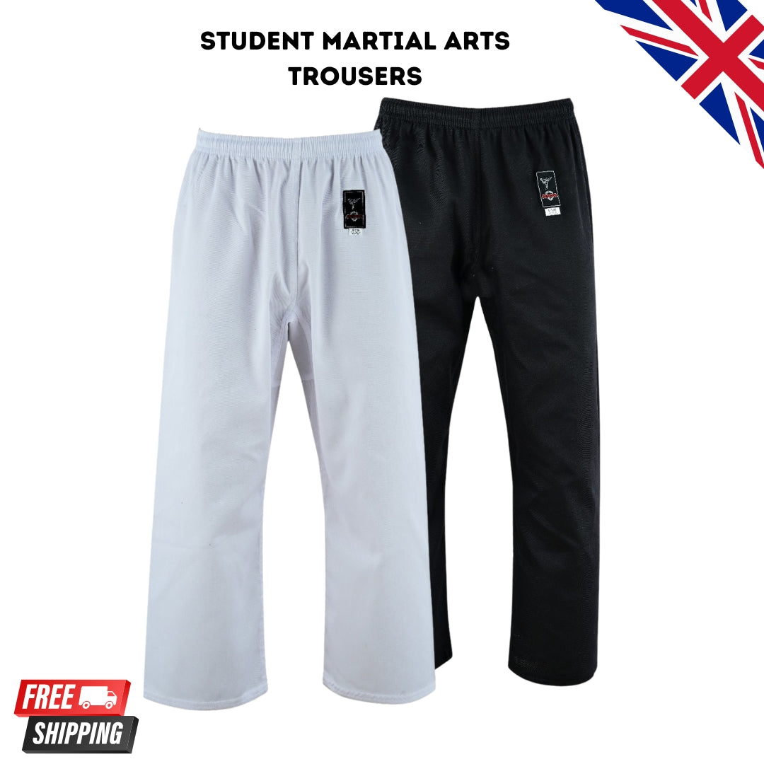 FISTICUFFS KIDS AND ADULT STUDENT KARATE AIKIDO TROUSERS GI UNIFORM BLACK/WHITE