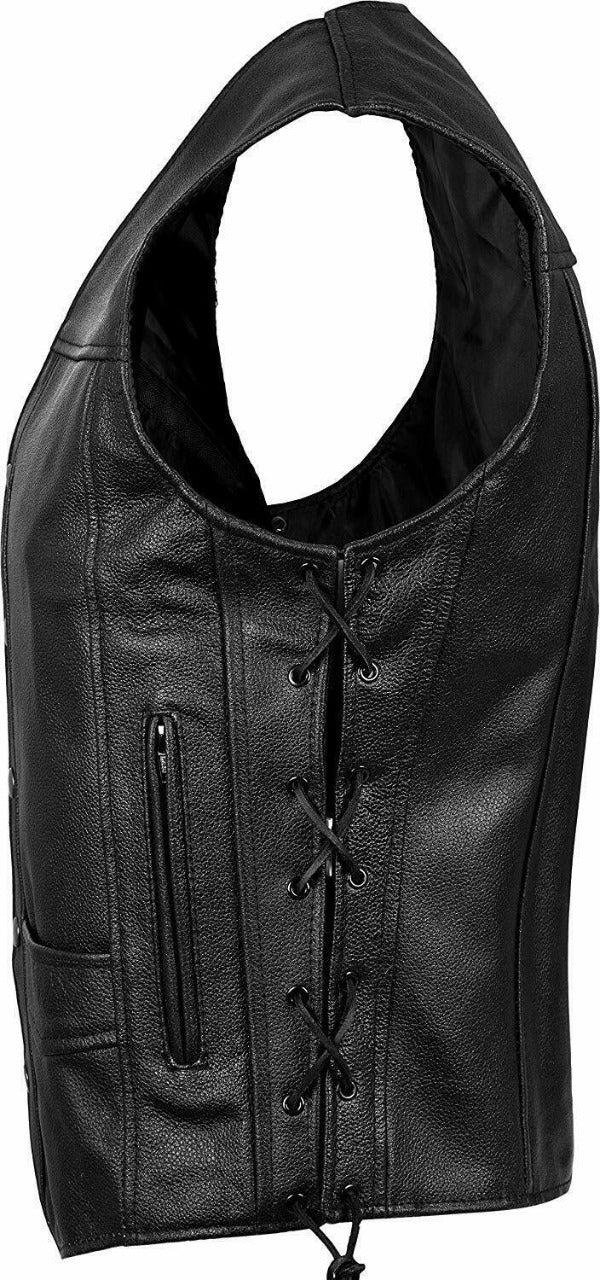 Men's Genuine 100% Real Leather Black Vest Motorbike Motorcycle Biker Waistcoat - Hamtons Direct