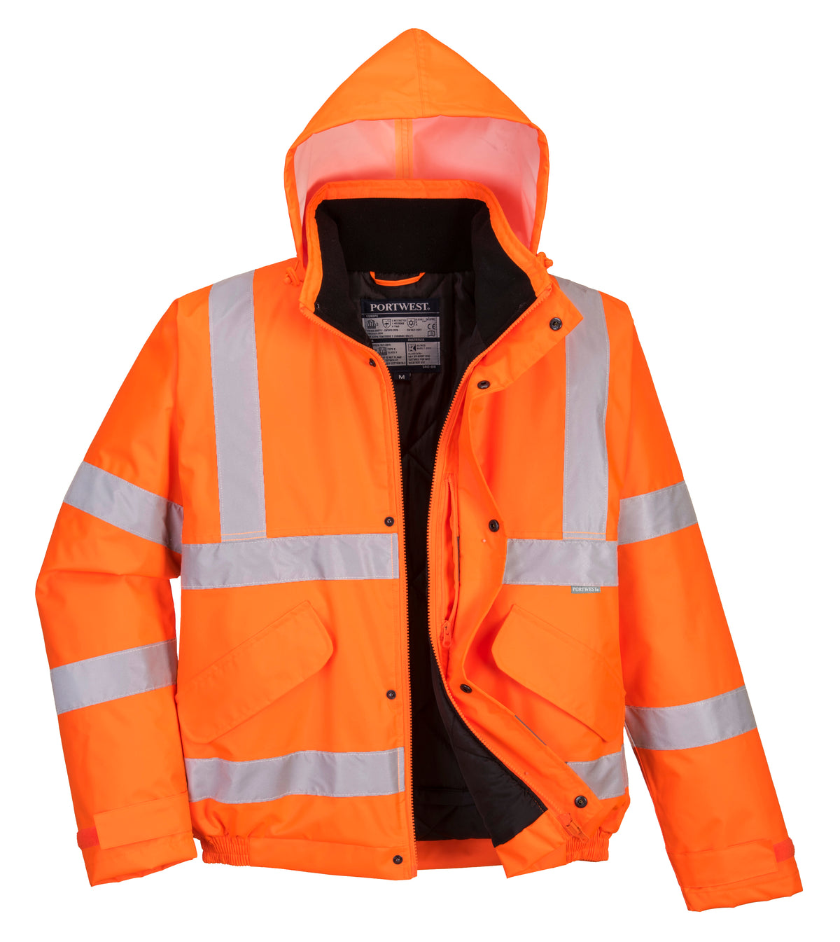 Mens Hi Vis Viz Bomber Workwear Water Resistant Jacket Lined Padded Hood Safety - Hamtons Direct