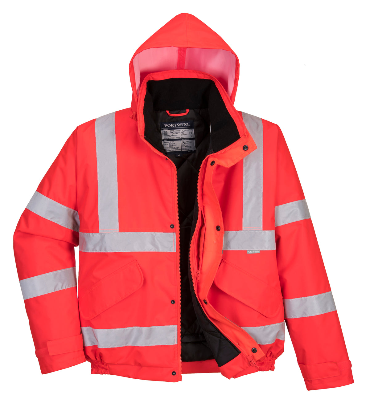 Mens Hi Vis Viz Bomber Workwear Water Resistant Jacket Lined Padded Hood Safety - Hamtons Direct