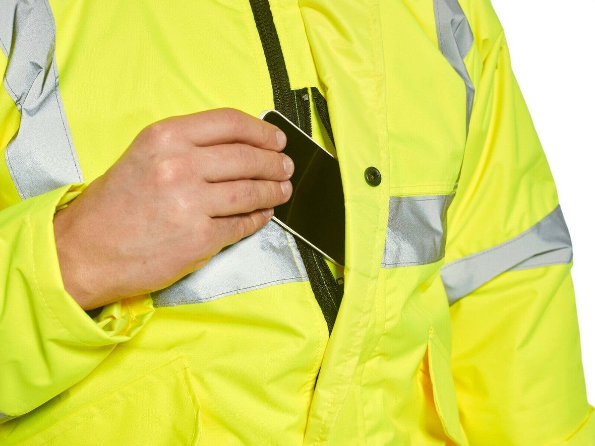 Mens Hi Vis Viz Bomber Workwear Water Resistant Jacket Lined Padded Hood Safety - Hamtons Direct